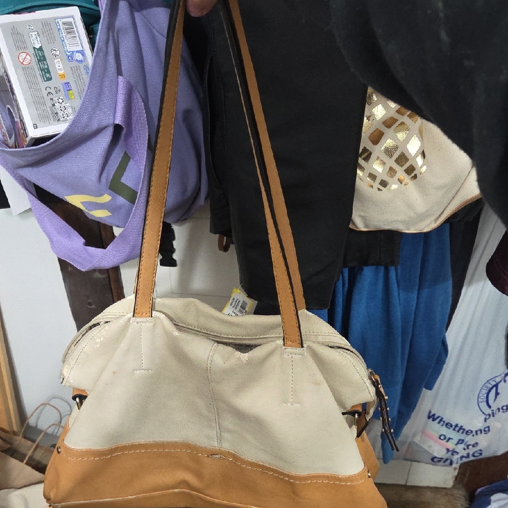 Two-Tone Cream and Tan Canvas Shoulder Bag